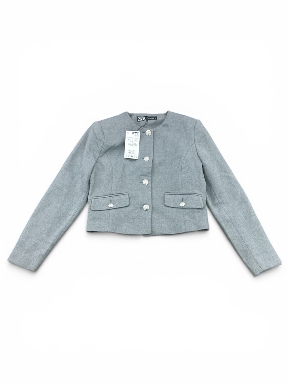 Zara Light Gray Cropped Round-Neck Button Blazer - Picture 2 of 8